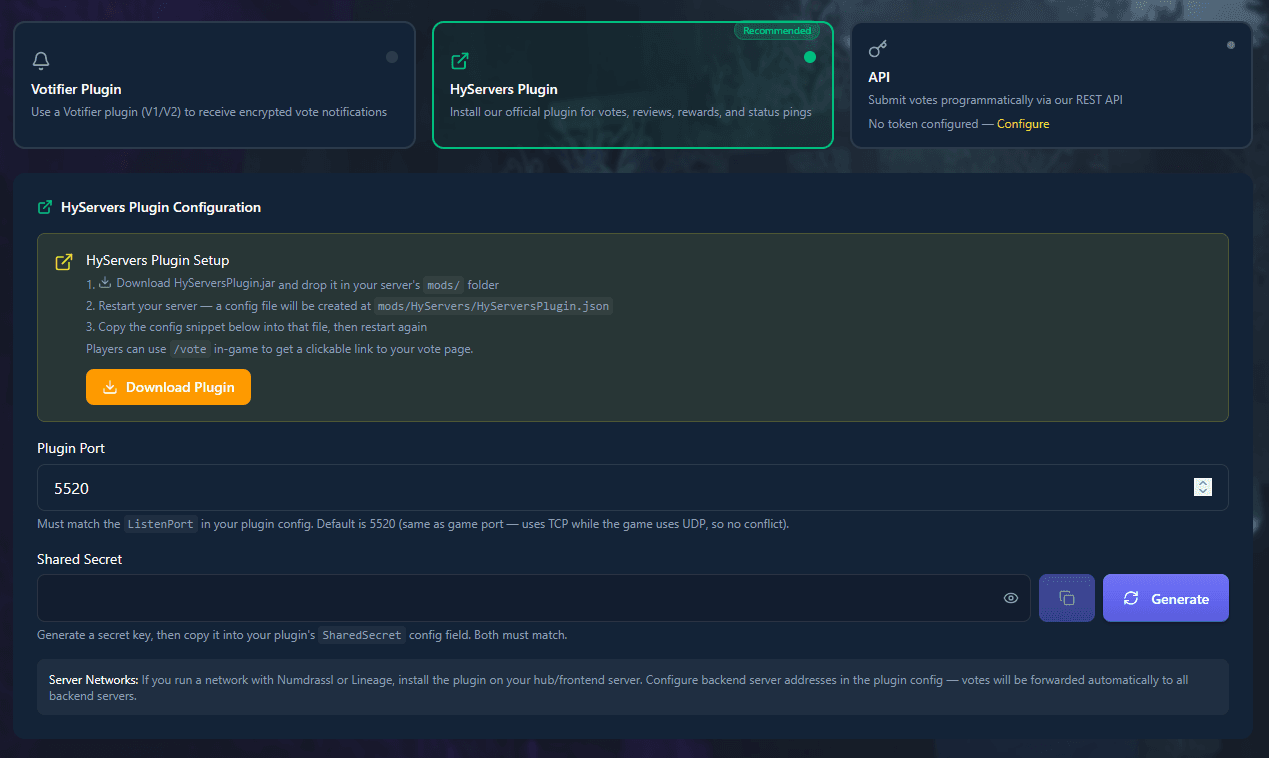 HyServers Plugin setup page showing download button, plugin port, shared secret, and server network configuration