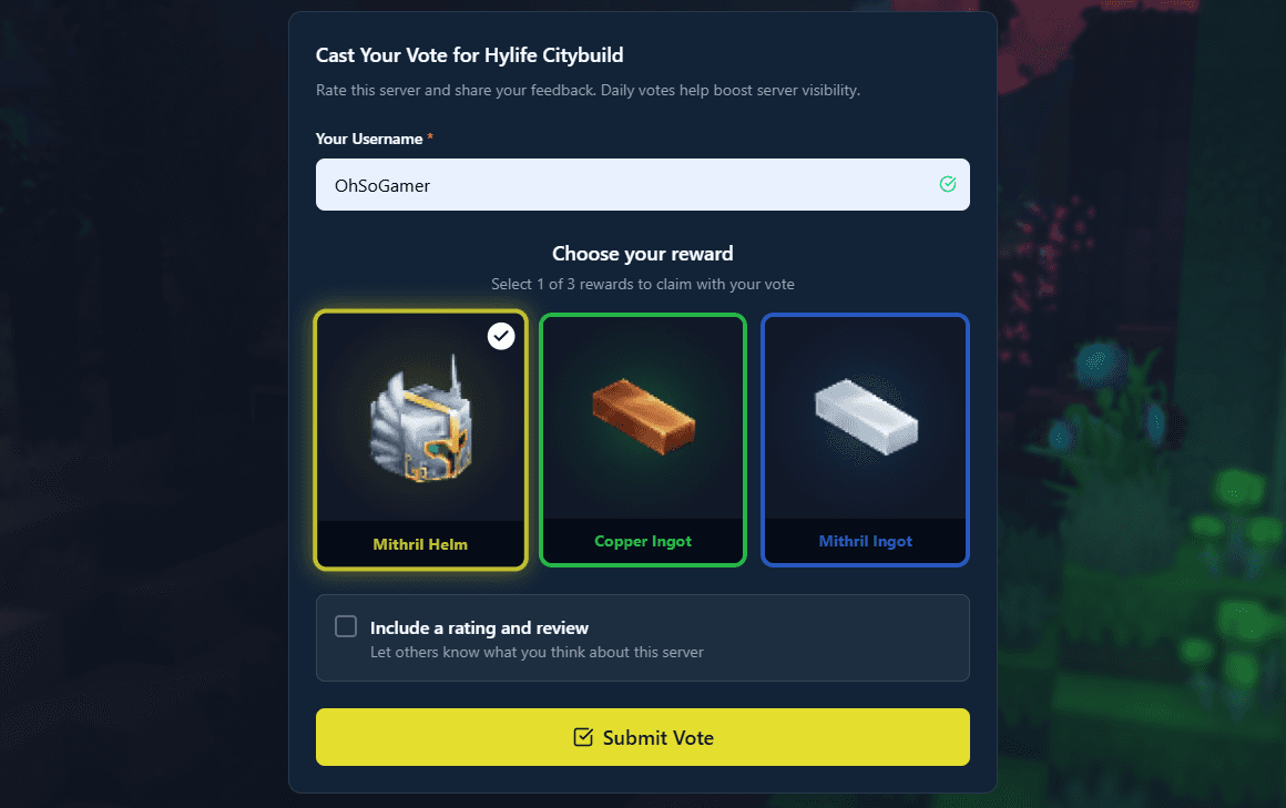Player vote page showing reward selection — players can choose between items like Mithril Helm, Copper Ingot, or Mithril Ingot when voting