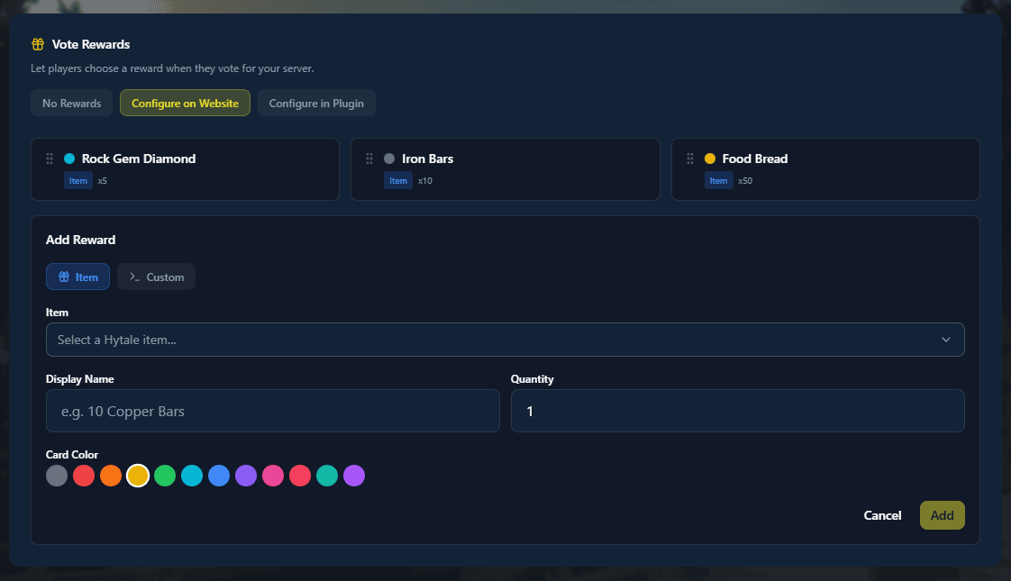 Vote rewards configuration on the server edit page