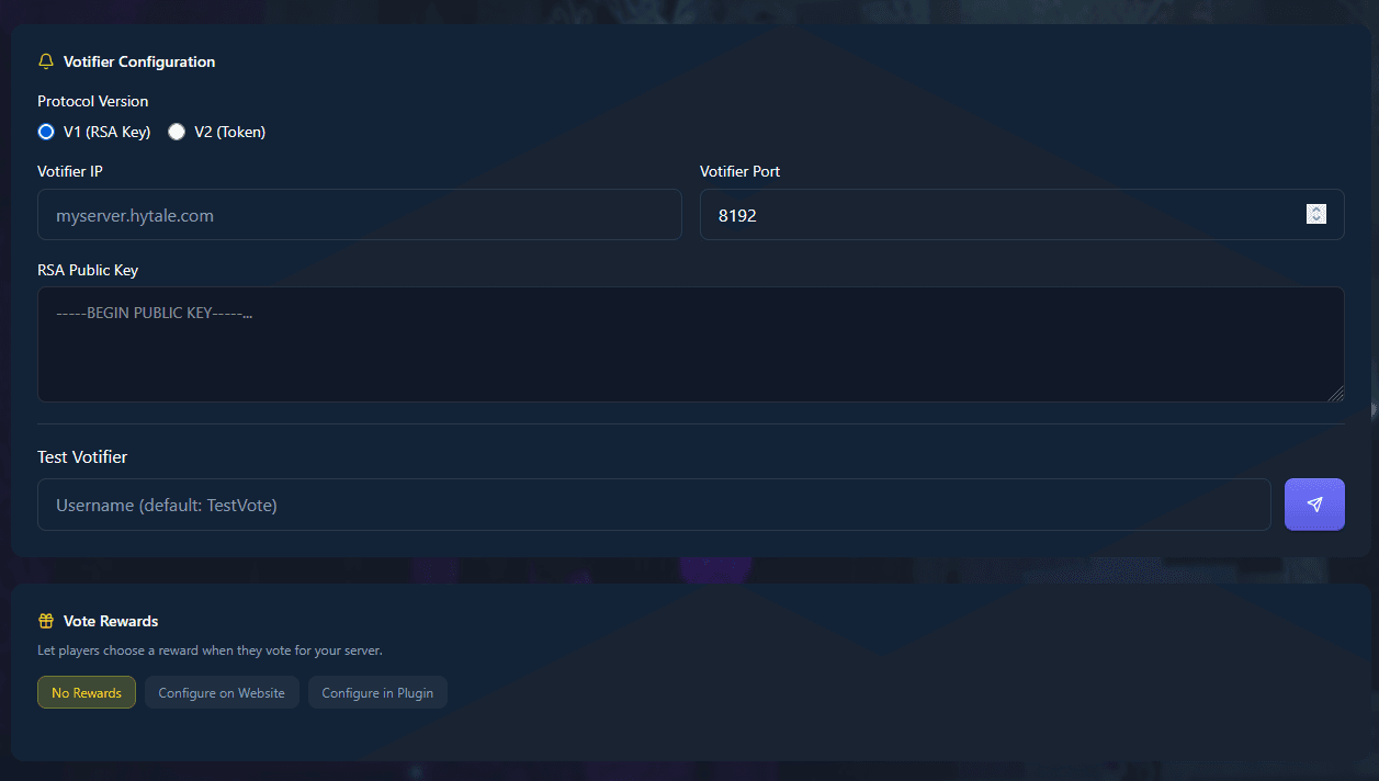 Votifier V1 RSA Key configuration on HyServers.gg showing IP, port, and RSA public key fields
