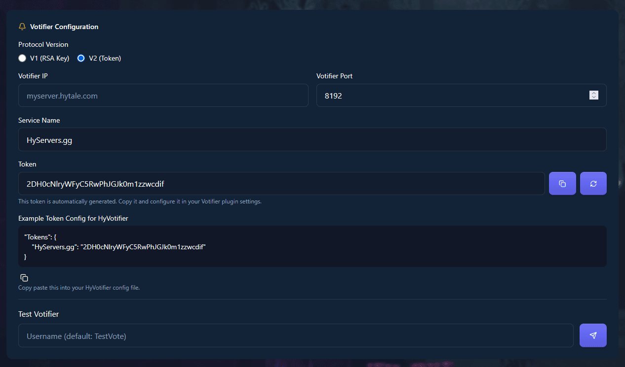 Votifier V2 Token configuration on HyServers.gg showing service name, token, and example config