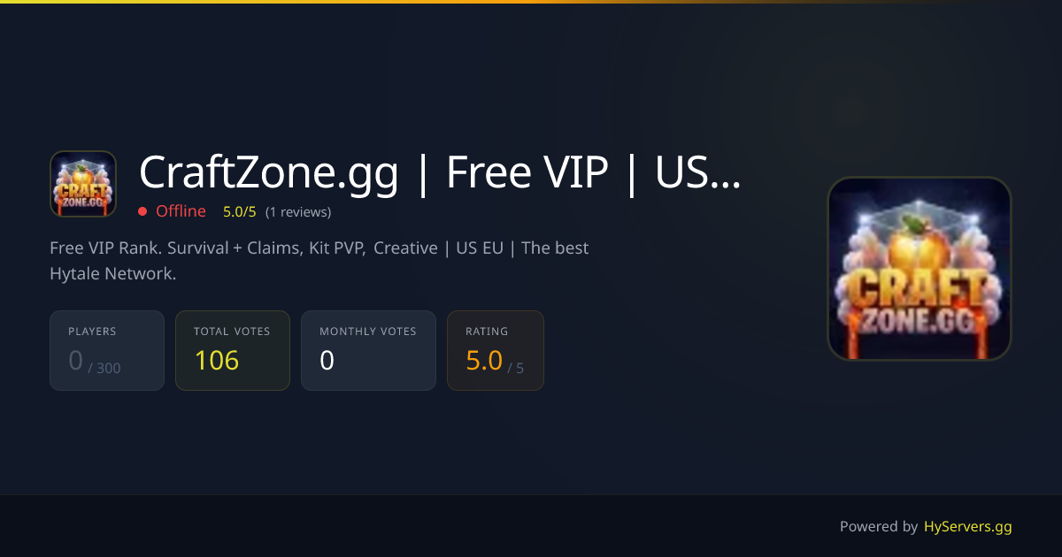 CraftZone.gg | Free VIP | US EU - Hytale Server | HyServers