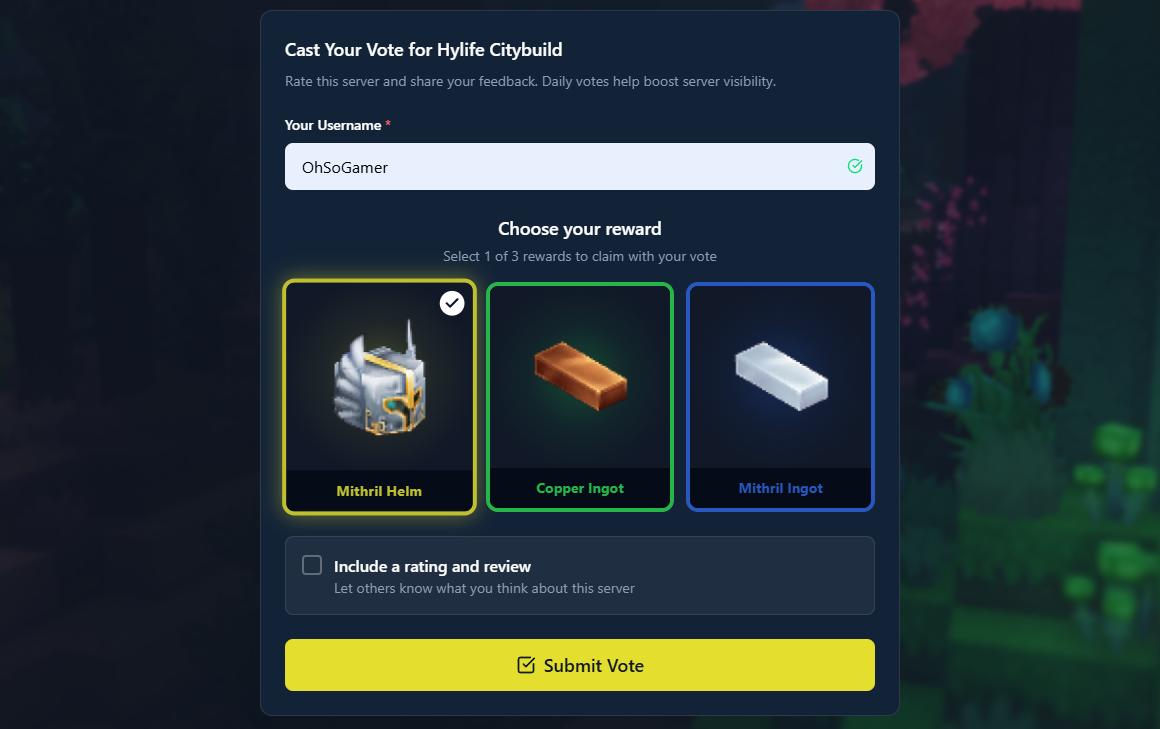 Vote reward selection interface showing multiple reward options