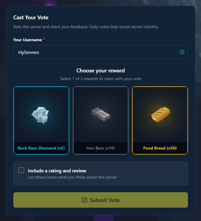 Vote page showing three reward cards with different items and colors