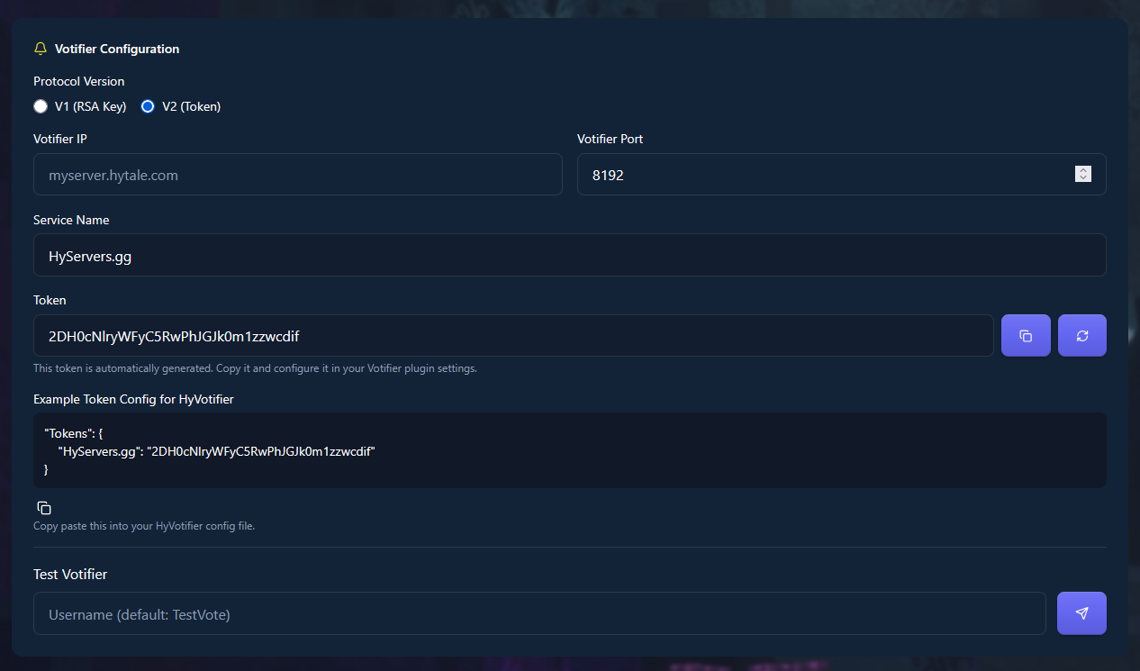 Votifier V2 configuration showing token setup